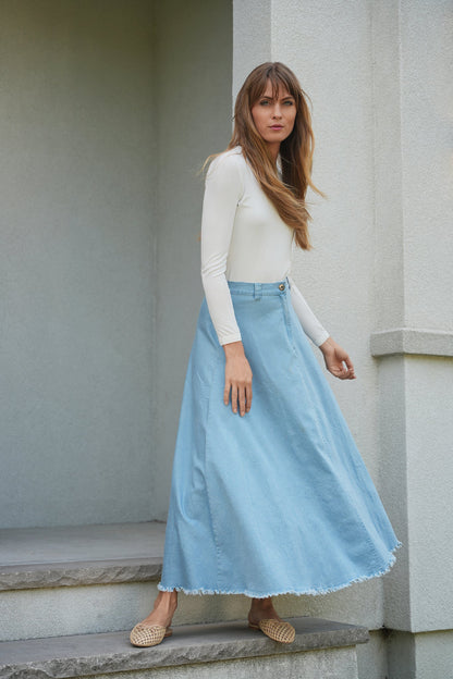 Maxi Denim A Line Fringe Skirt