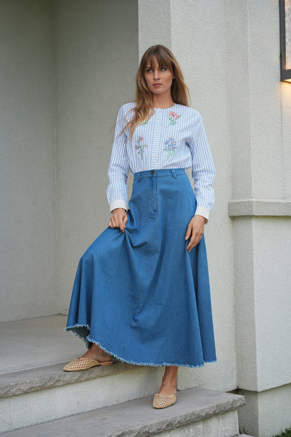 Maxi Denim A Line Fringe Skirt