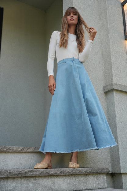 Maxi Denim A Line Fringe Skirt