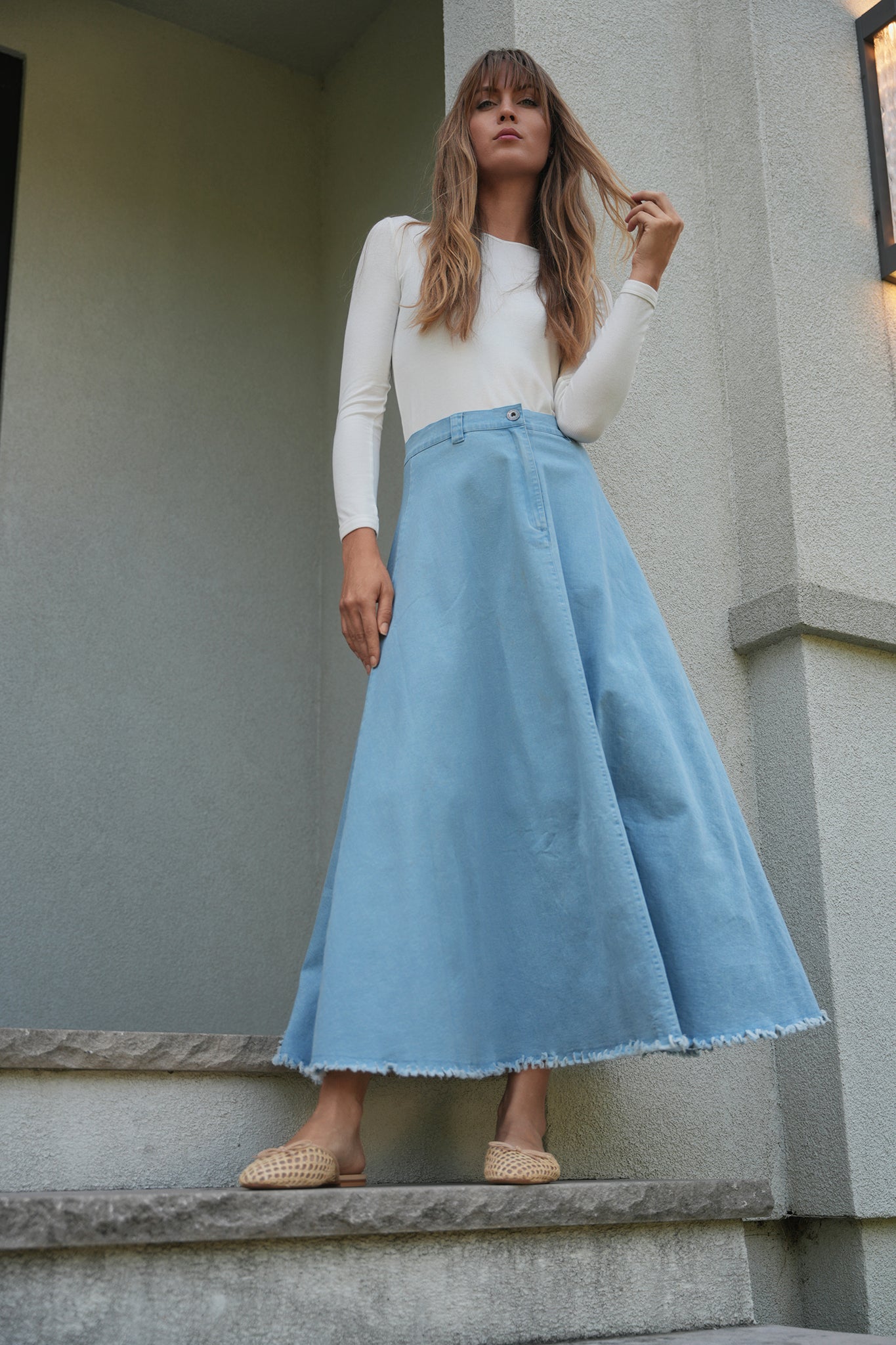 Maxi Denim A Line Fringe Skirt