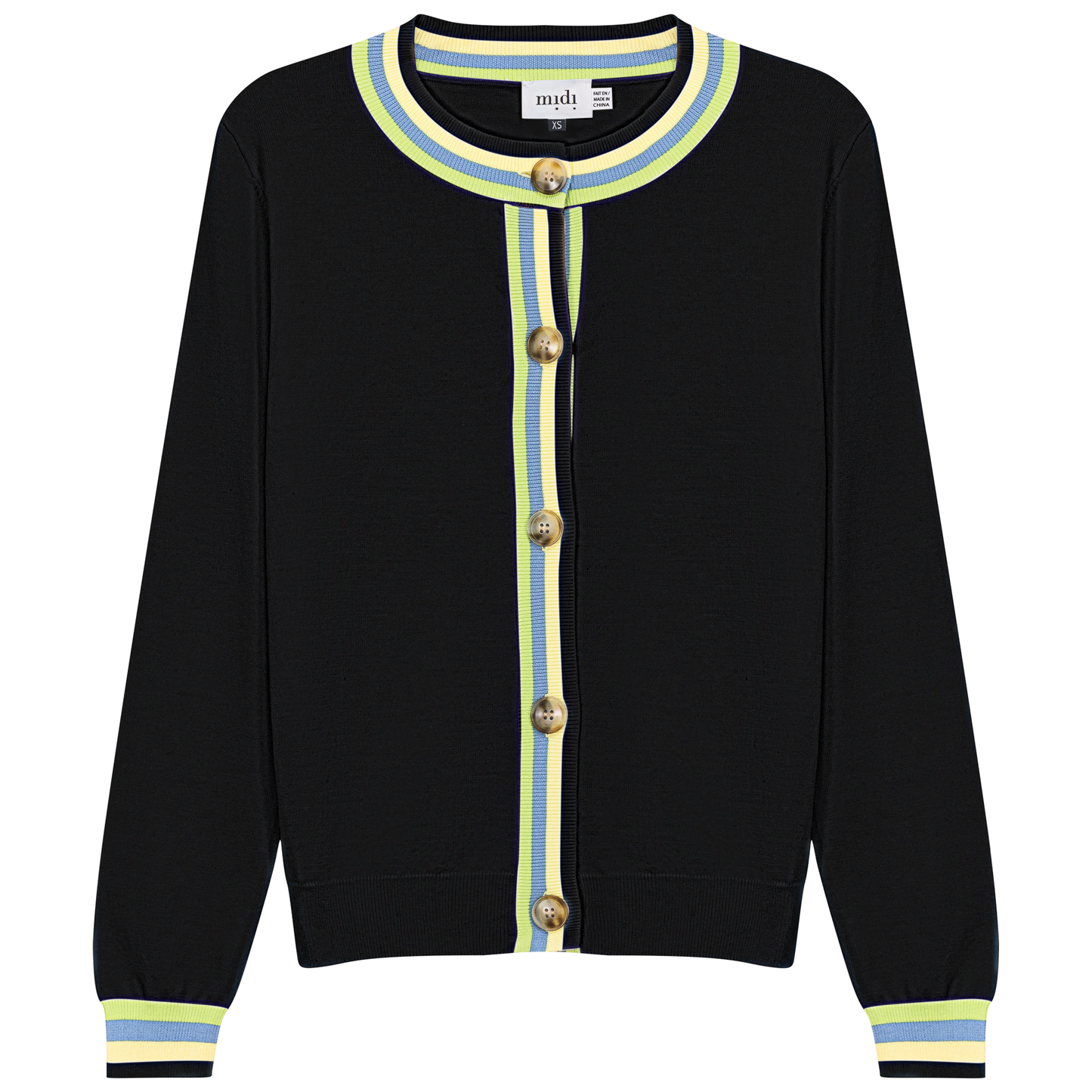 Crew Neck Knit Contrast Stripe Cardigan Black