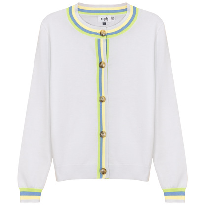 Crew Neck Knit Contrast Stripe Cardigan White