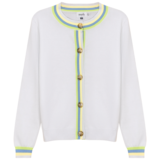 Crew Neck Knit Contrast Stripe Cardigan White
