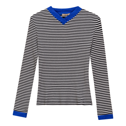 Striped V Neck Contrast Tee Black White