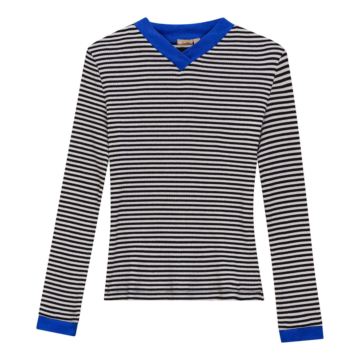 Striped V Neck Contrast Tee Black White