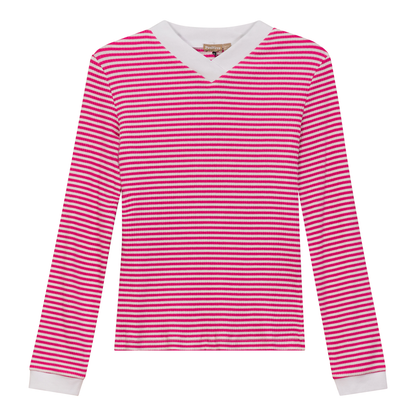Striped V Neck Contrast Tee Dark Pink White