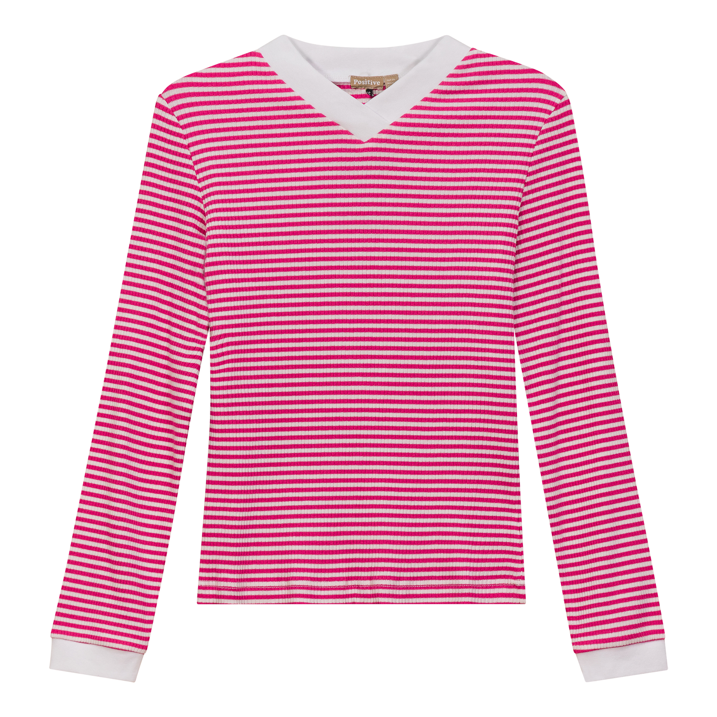 Striped V Neck Contrast Tee Dark Pink White