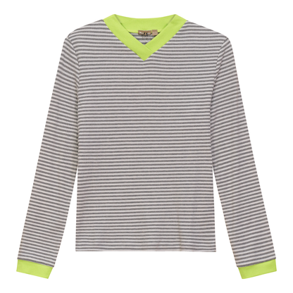Striped V Neck Contrast Tee Grey White