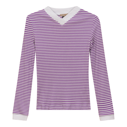 Striped V Neck Contrast Tee Lavender White