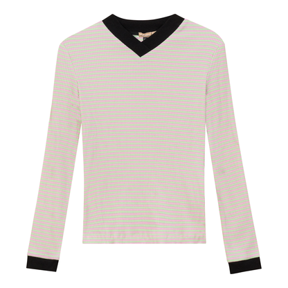 Striped V Neck Contrast Tee Pink Mint