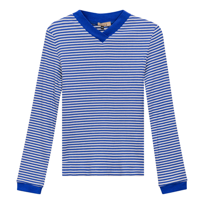 Striped V Neck Contrast Tee Sapphire White