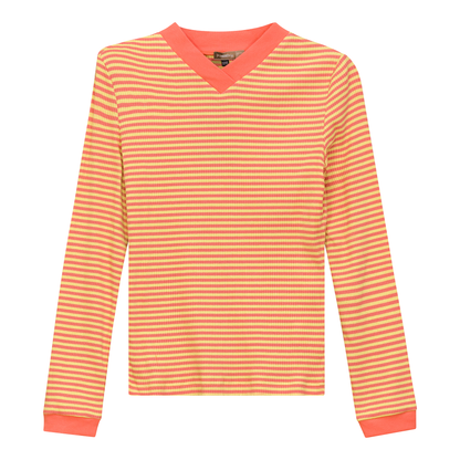Striped V Neck Contrast Tee Yellow Salmon
