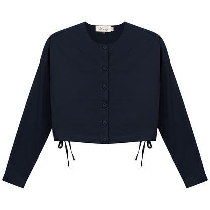 Cotton Cropped Side Tie Blouse Dark Navy
