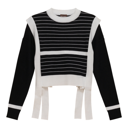 Striped Belt Sweater Black White
