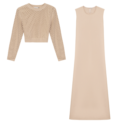 Net Knit Midi Jumper Set Oatmeal