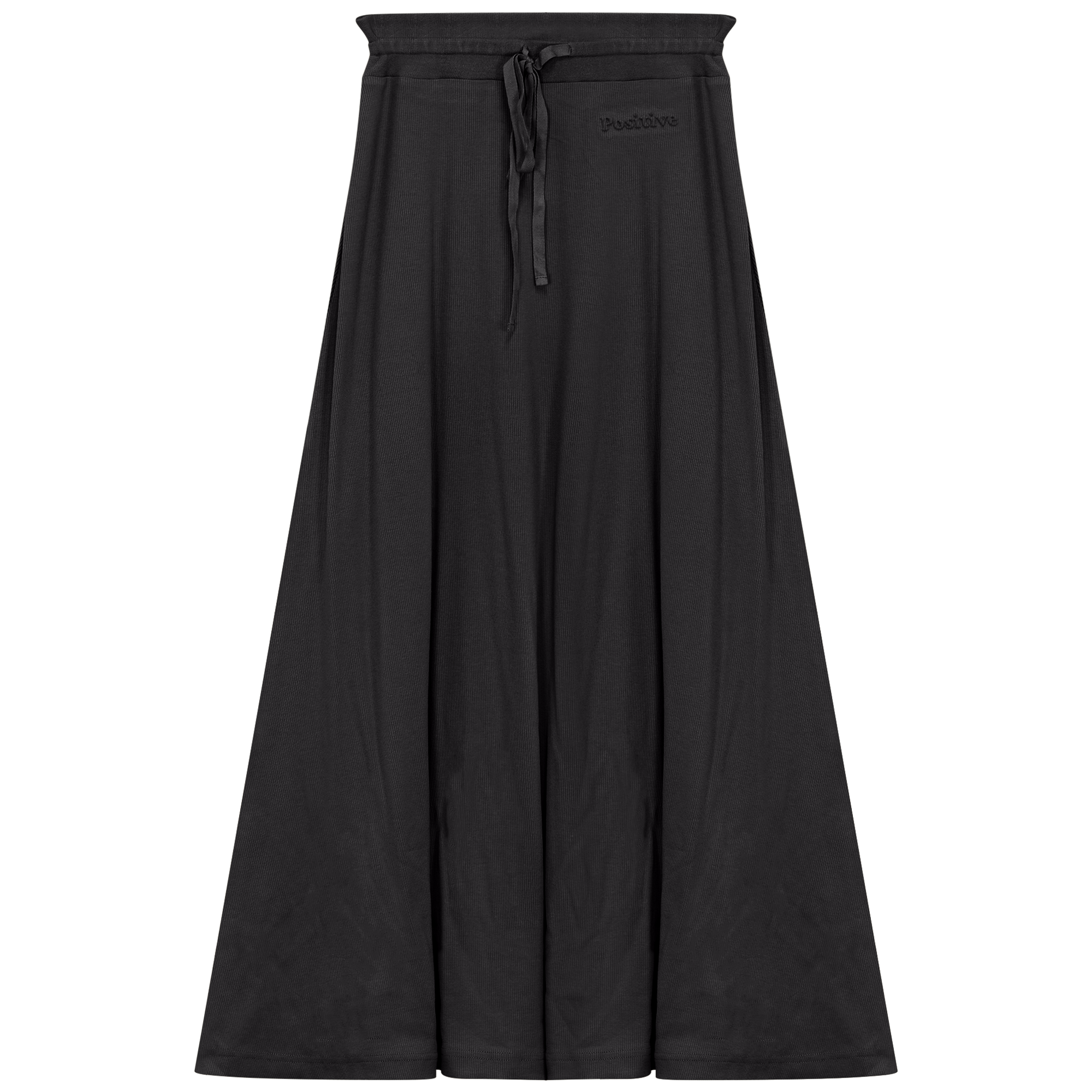 Ribbed Midi Drawstring A Line Skirt Black