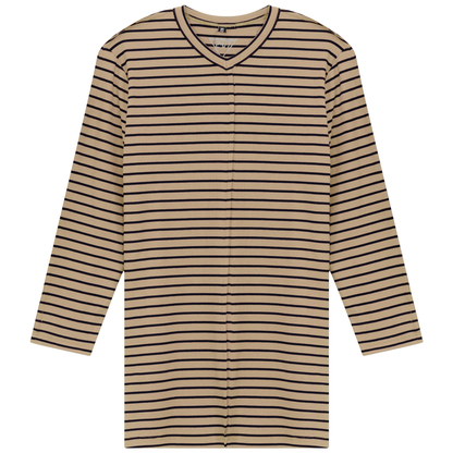 Striped Ribbed V Neck Tee Beige
