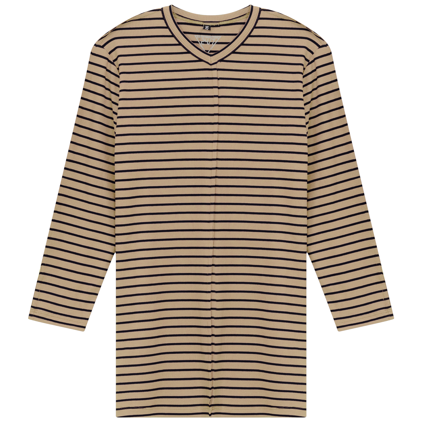 Striped Ribbed V Neck Tee Beige