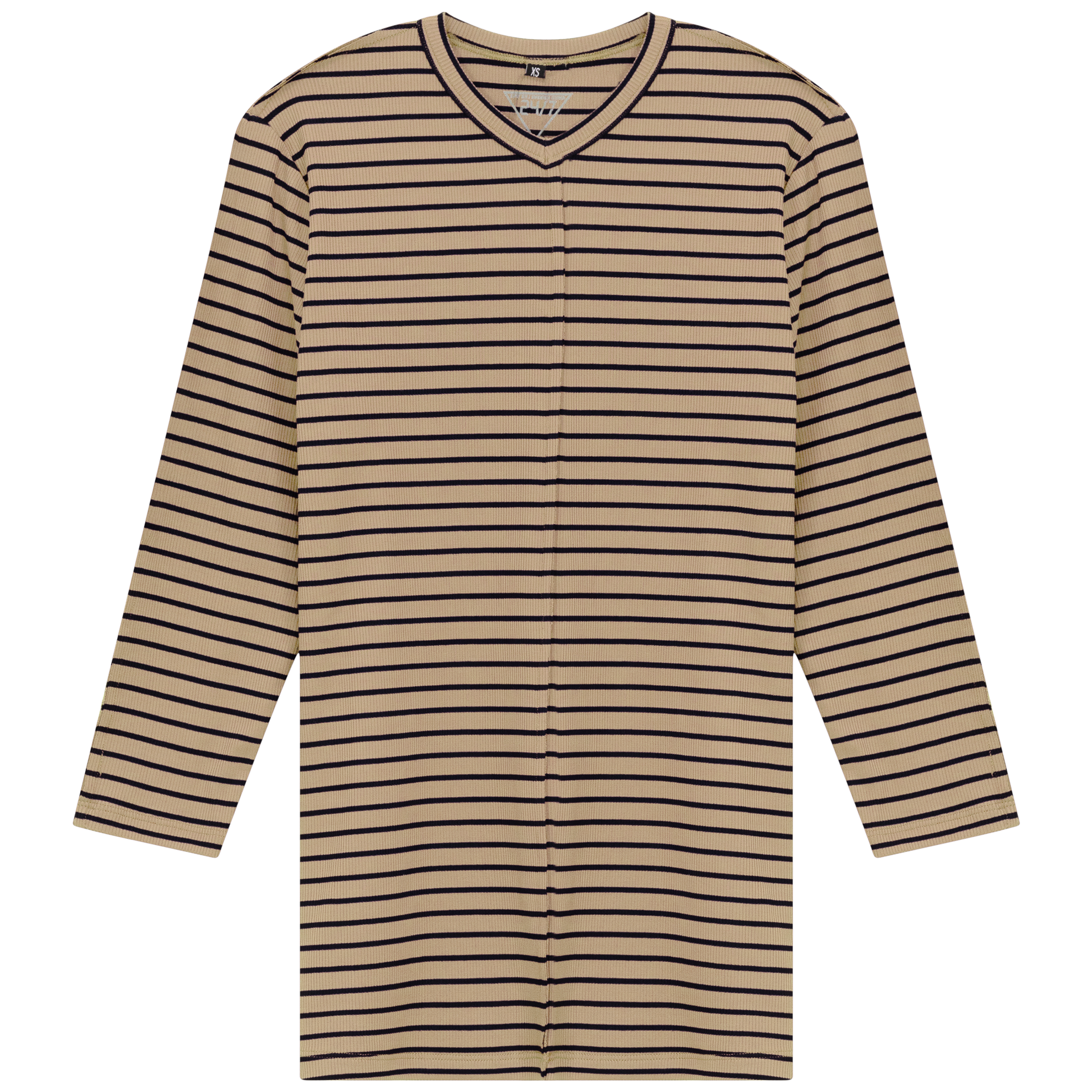 Striped Ribbed V Neck Tee Beige