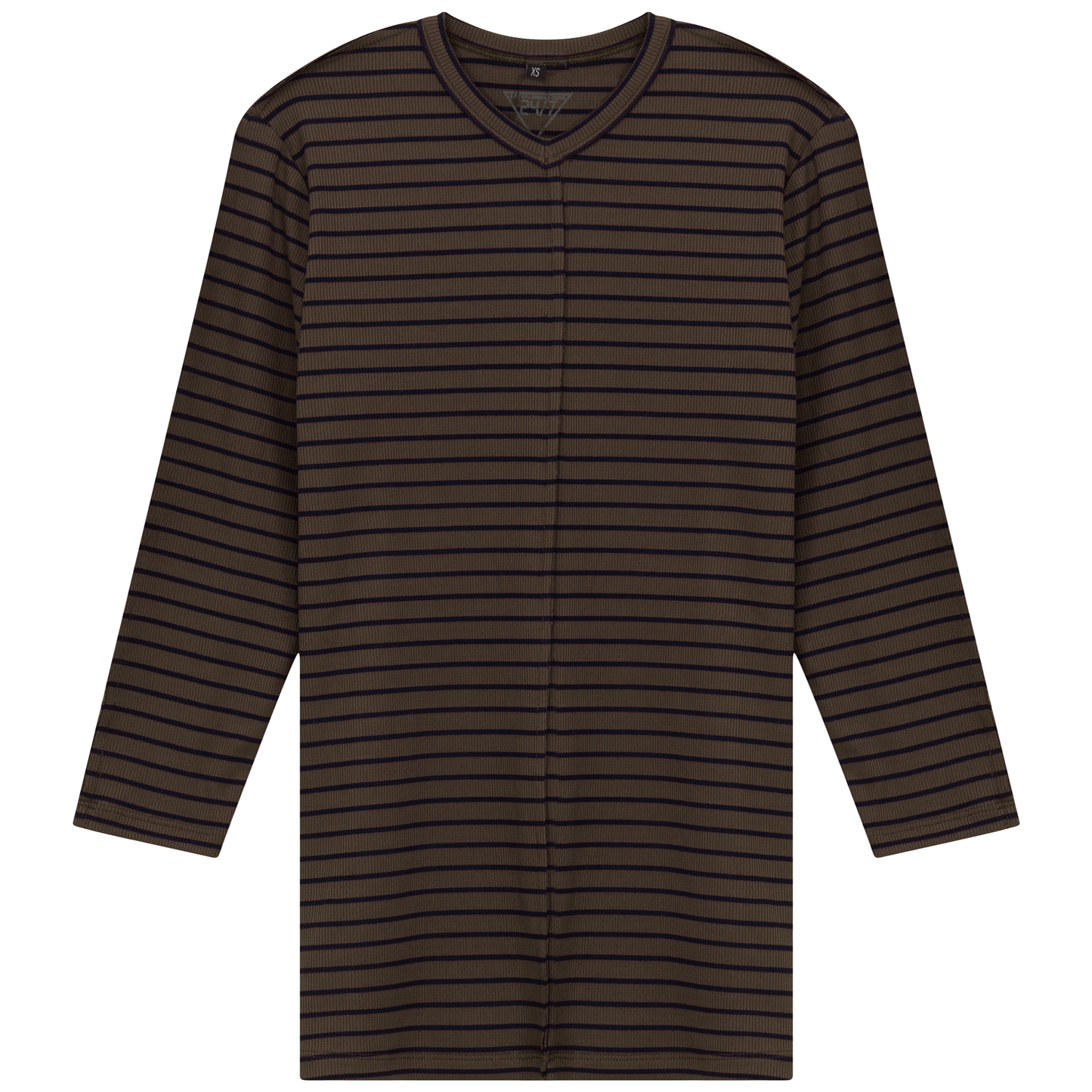 Striped Ribbed V Neck Tee Khaki