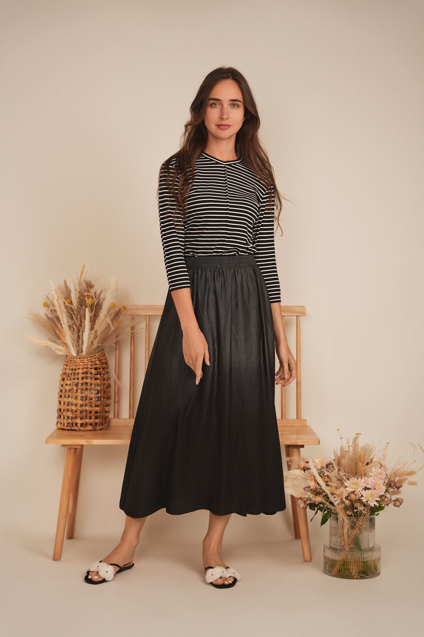 Striped Ribbed V Neck Tee