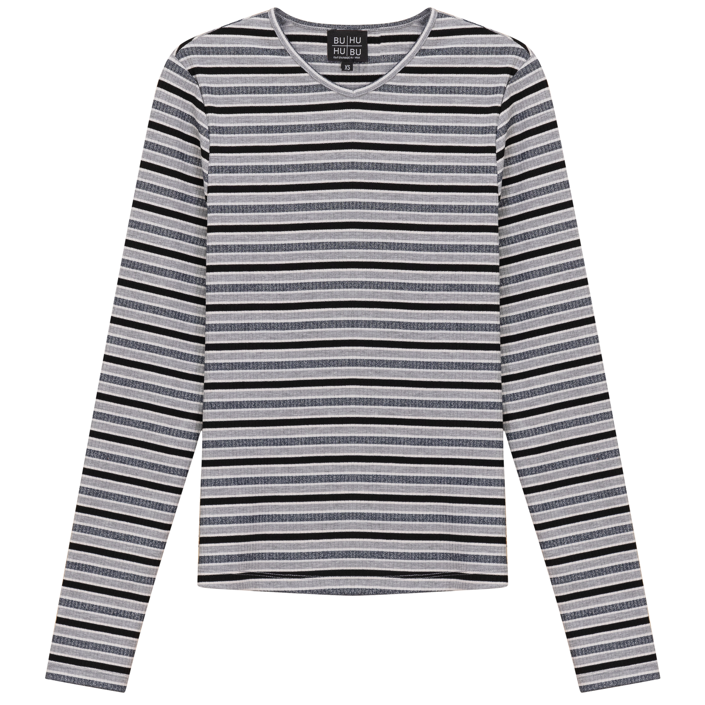 Striped Metalic V Neck Tee Black Silver