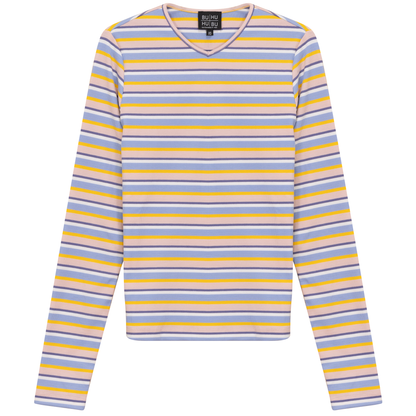 Striped Metalic V Neck Tee Blue Pink