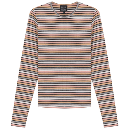 Striped Metalic V Neck Tee Dusty Pink Grey