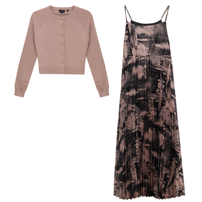 Midi Pleated Jumper Cardigan Set Dusty Blush