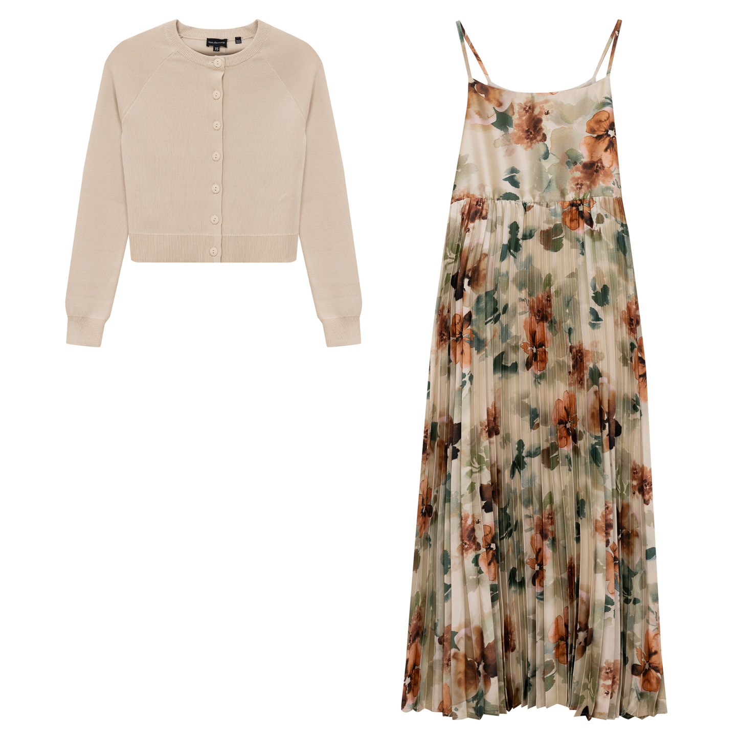 Midi Pleated Jumper Cardigan Set Light Oatmeal