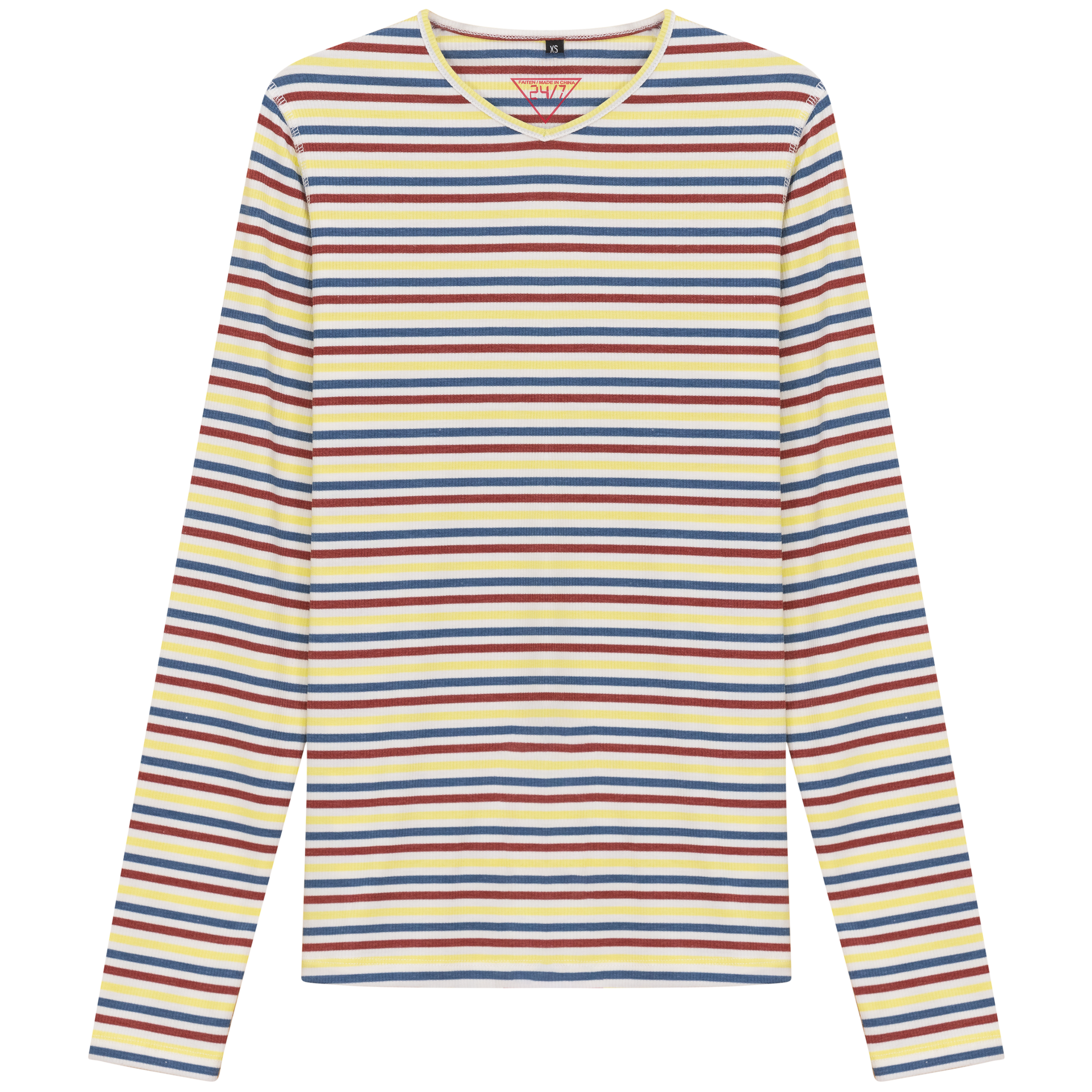 Striped V Neck Tee Chambray Wine