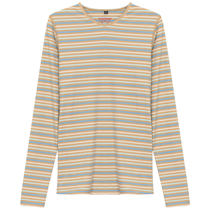 Striped V Neck Tee Denim Beige