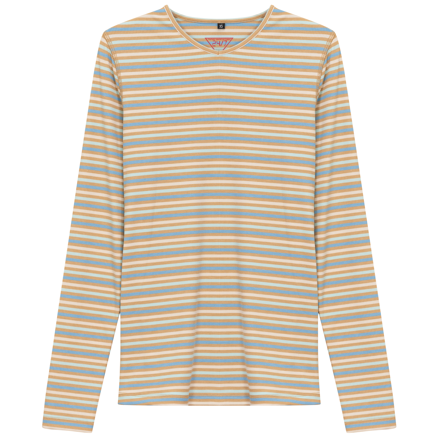 Striped V Neck Tee Denim Beige