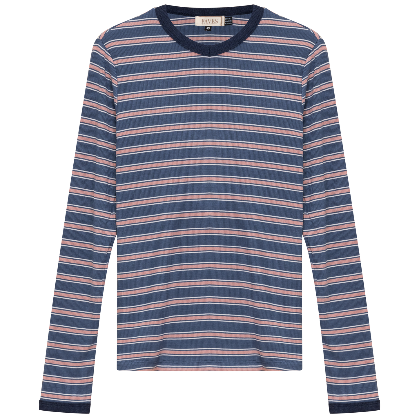 Ribbed Stripped V Neck Tee Chambray Stripe