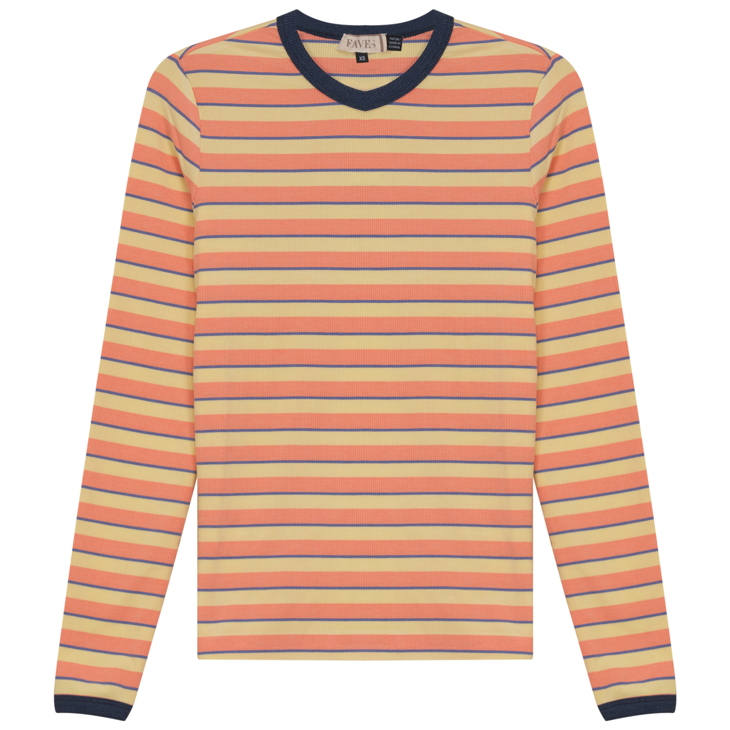 Ribbed Stripped V Neck Tee Salmon Stripe