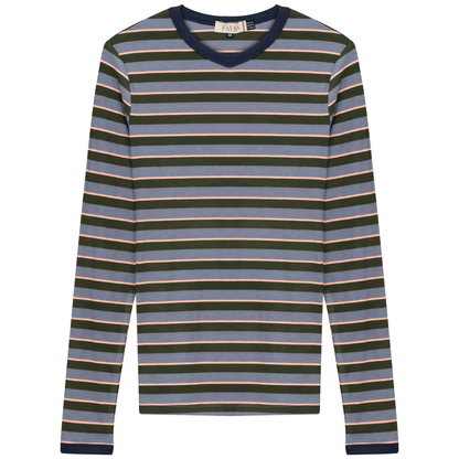 Ribbed Stripped V Neck Tee Denim Stripe