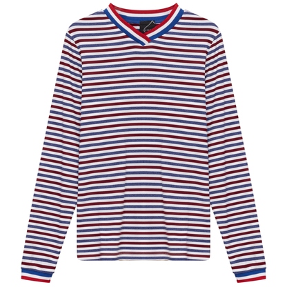 Striped Multi Color V Neck Tee Chambray Wine