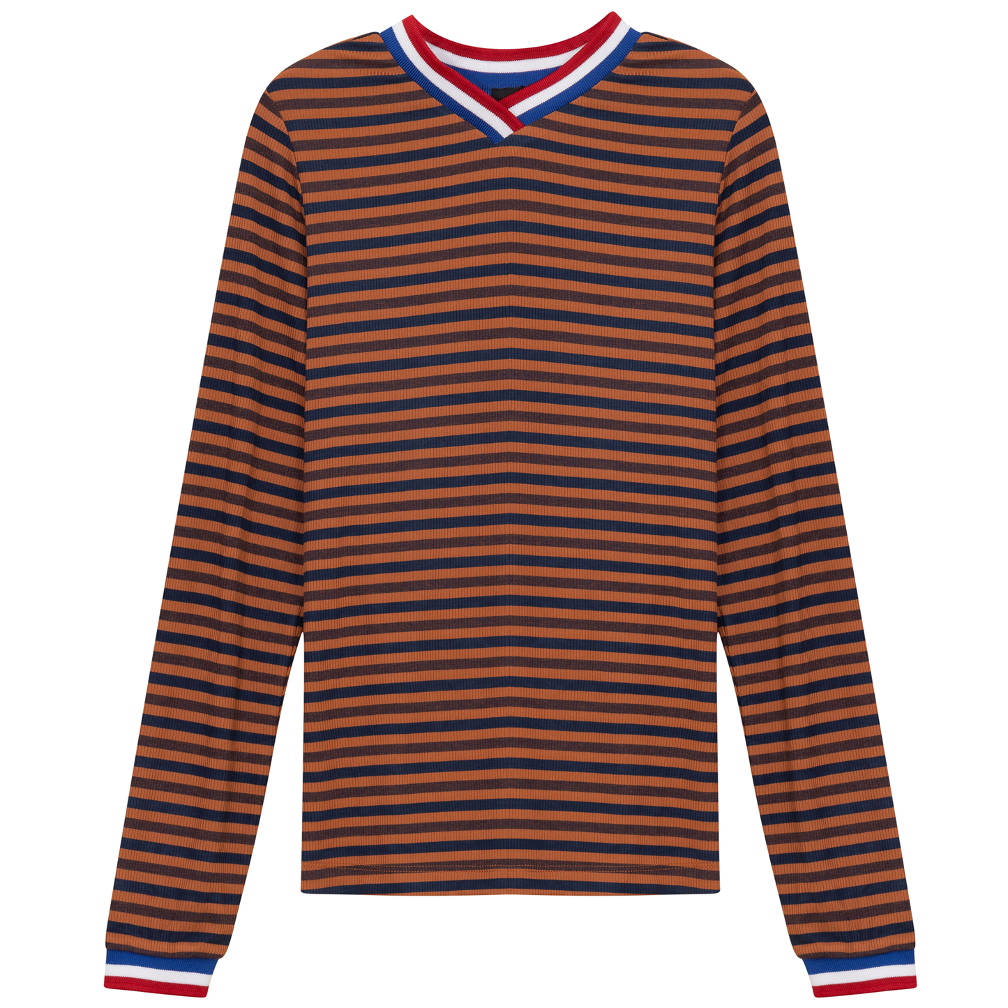 Striped Multi Color V Neck Tee Denim Rust