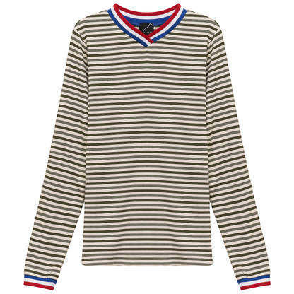 Striped Multi Color V Neck Tee Olive Cream