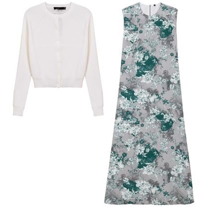 Midi Printed Chiffon Jumper Cardigan Set Cream