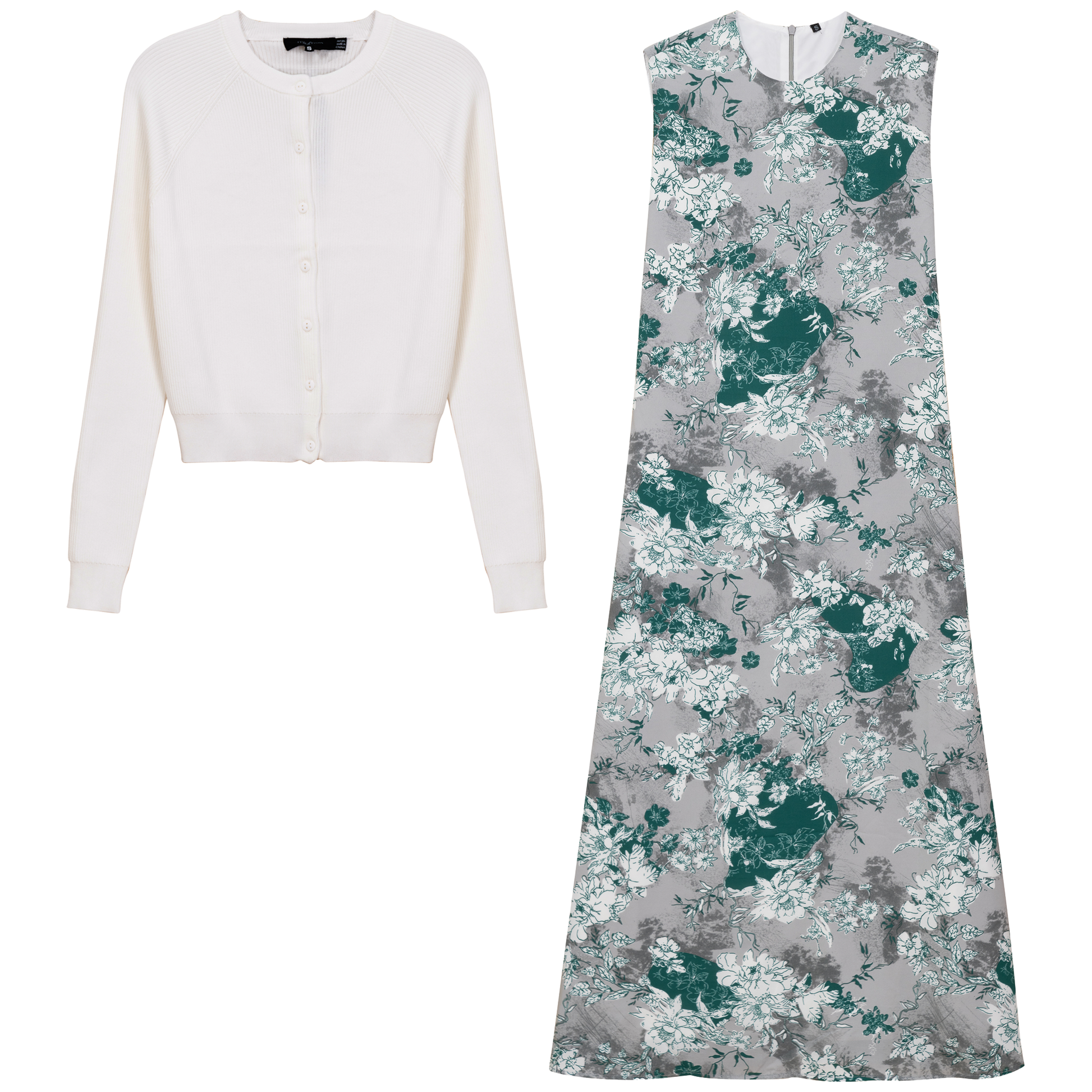 Midi Printed Chiffon Jumper Cardigan Set Cream