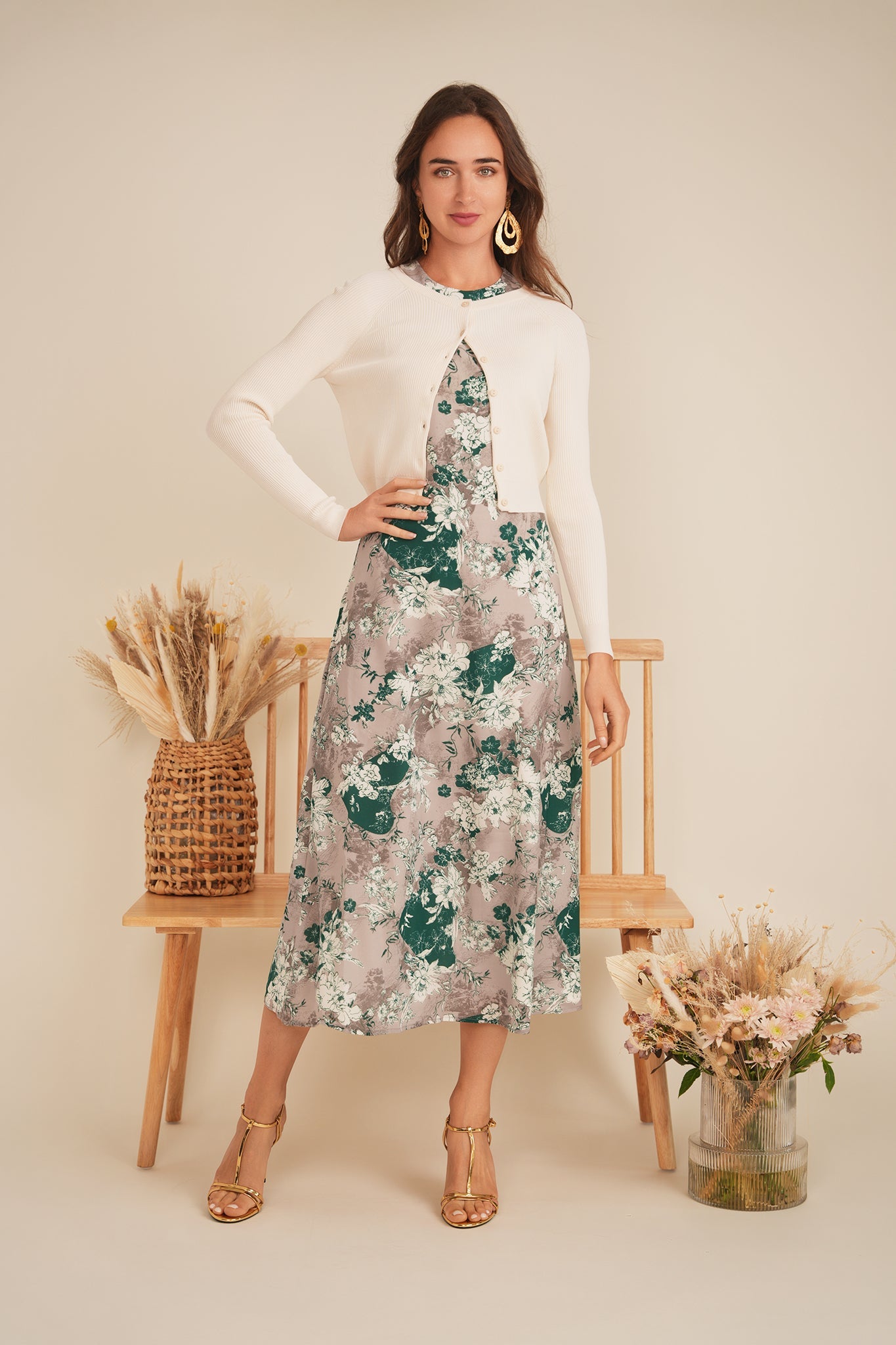 Midi Printed Chiffon Jumper Cardigan Set