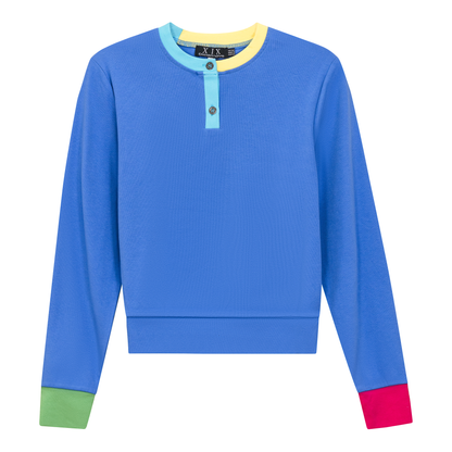 Color Blocked Henley Tee Light Sapphire