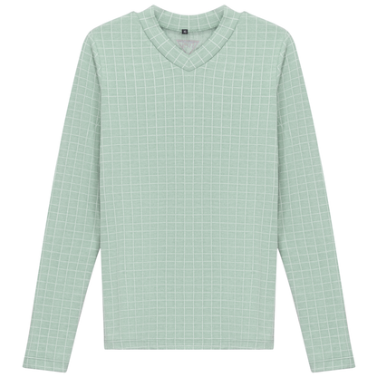 Checkered V Neck Cotton Tee Basil