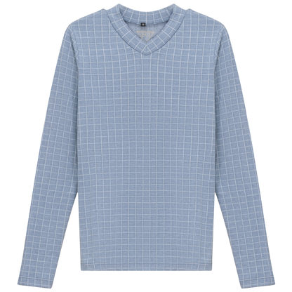 Checkered V Neck Cotton Tee Denim