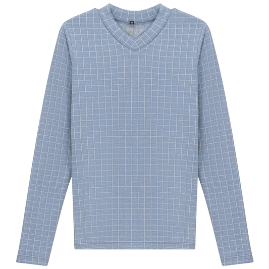 Checkered V Neck Cotton Tee Denim