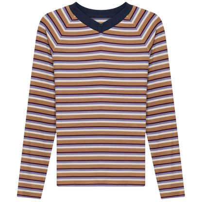 Striped Contrast V Neck Tee Beige Blue