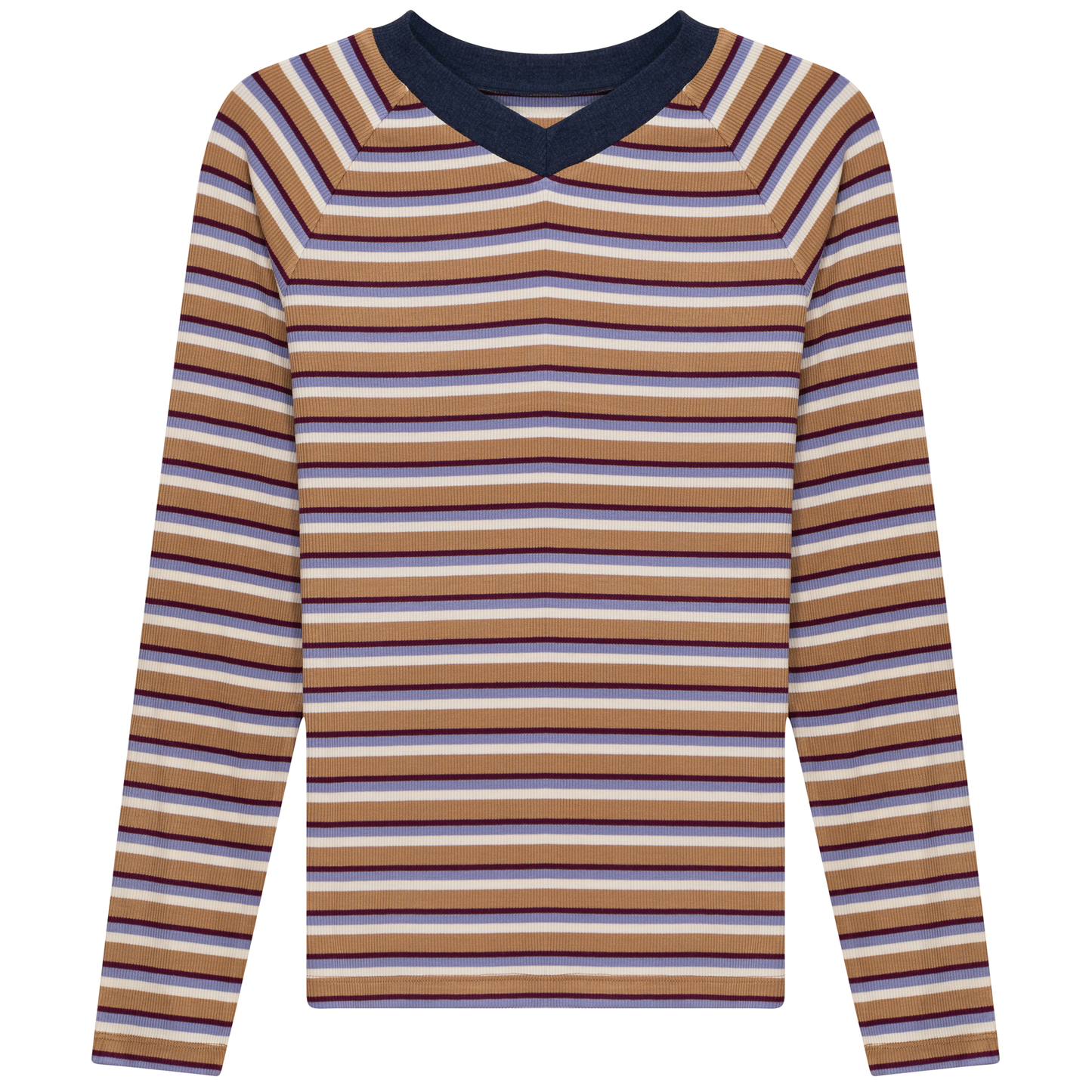 Striped Contrast V Neck Tee Beige Blue
