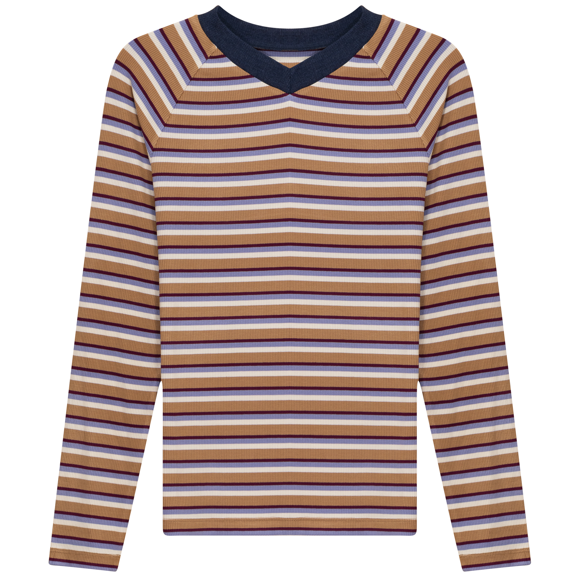 Striped Contrast V Neck Tee Beige Blue