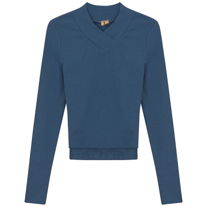 Cropped V Neck Tee Chambray